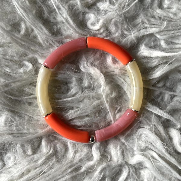 Tube armband oranje/roze/crème met zilverkleur