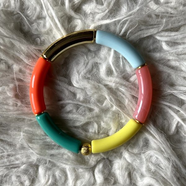 Tube armband lichtblauw/roze /geel/ oranje/ turquoise (met goudkleur)