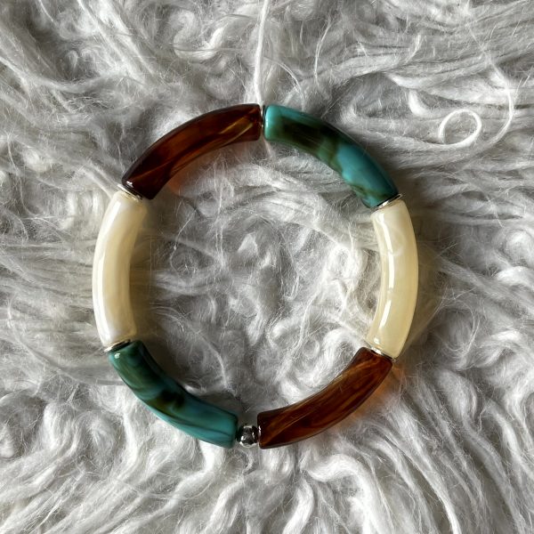 Tube armband turquoise/bruin/crème met zilverkleur