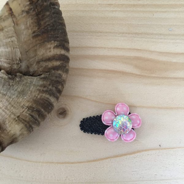 Babyknipje 3cm denim met roze bloem en glinstersteentje (per stuk)